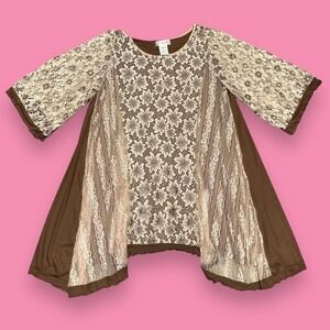 Paisley Vine Taupe Boho Lace Floral Sheer Tunic Half Sleeve Blouse Size S